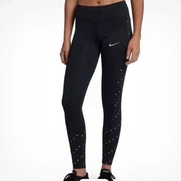 Nike Dri Fit Racer Flash Running Leggings Black Polka Dot Pockets Women Size L - Picture 1 of 7
